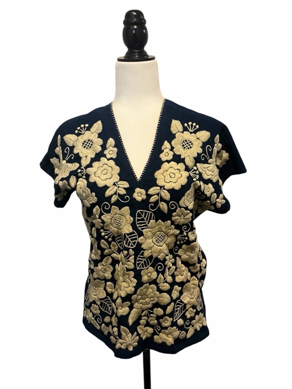Navy V-Neck Women’s Top with Cream Floral Embroidery